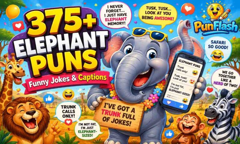 Funny elephant puns with cartoon elephant sharing jokes and Instagram captions in a safari setting