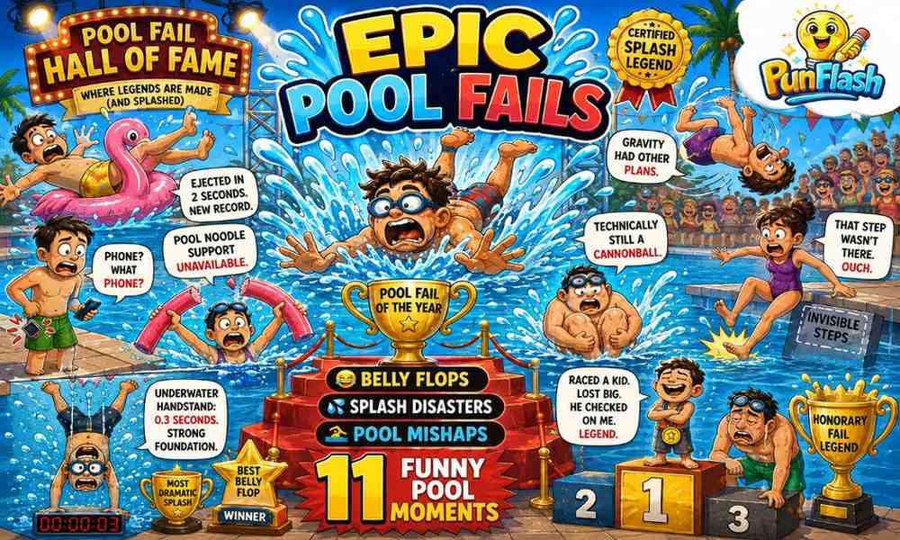 Funny pool fails cartoon illustration featuring belly flop accidents, inflatable float mishaps, pool noodle fails, cannonball disasters, and hilarious swimming pool moments.