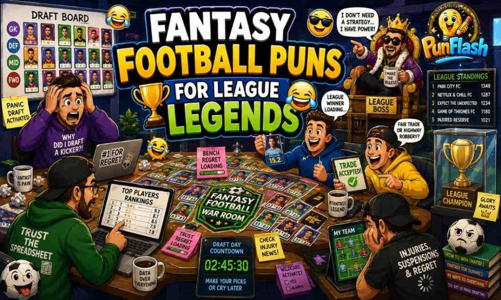 Fantasy football puns illustration featuring fantasy league managers, soccer player draft boards, team rankings, league champion trophy, and funny fantasy football humor.