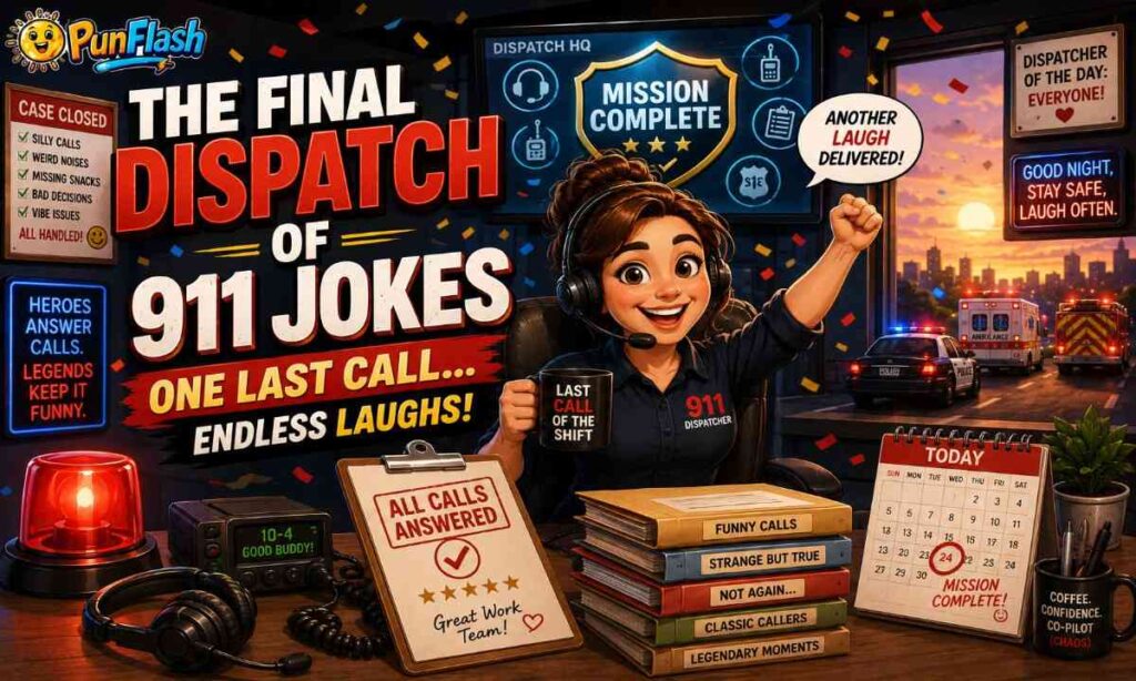 Cartoon 911 dispatcher celebrating the final dispatch with funny 911 jokes, emergency humor, and dispatch center.