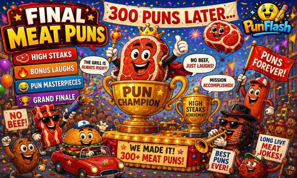 Final meat puns featuring cartoon steak, brisket, bacon, and grill characters celebrating the ultimate collection of meat jokes and high steaks humor