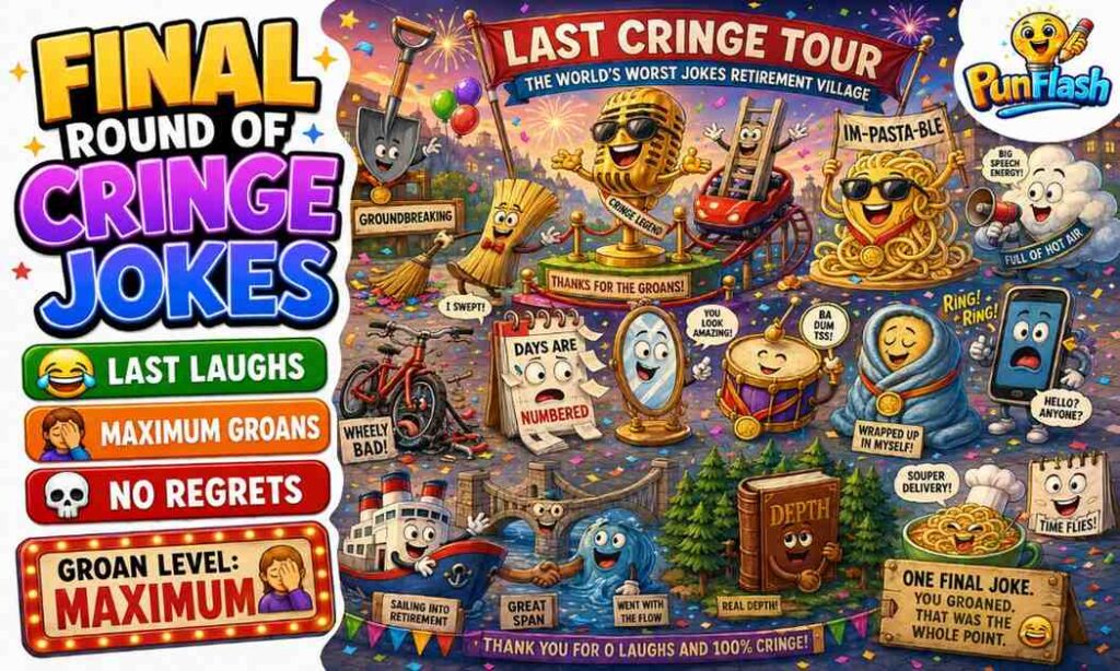 Funny final round of cringe jokes cartoon image featuring silly household objects, awkward puns, and painfully funny one-liners