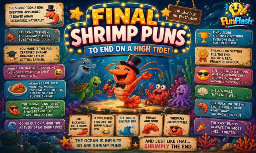Funny shrimp puns grand finale illustration with a smiling shrimp on stage, marine life audience, seafood comedy, and ocean-themed wordplay.