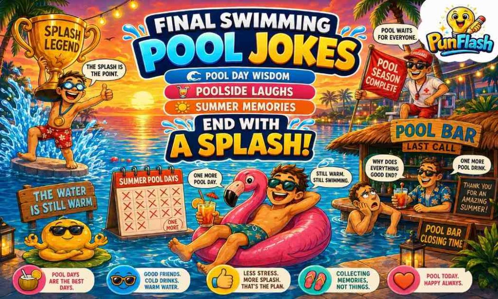 Final swimming pool jokes illustration featuring sunset pool vibes, swim-up pool bar, floating pool loungers, cannonball humor, and funny pool day quotes.