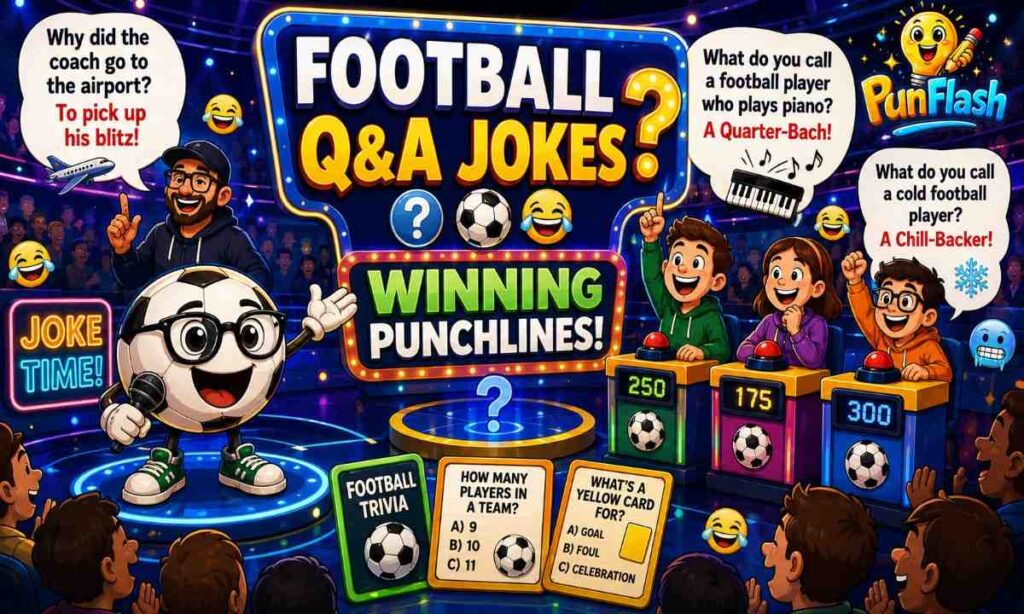 Football Q and A jokes illustration featuring a soccer ball quiz show host, football trivia questions, funny punchlines, and cartoon contestants in a comedy game show.