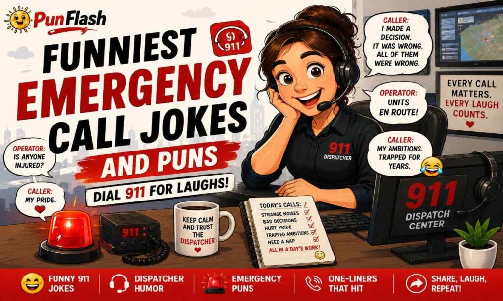 Cartoon 911 dispatcher with funniest emergency call jokes, caller jokes, and emergency puns.
