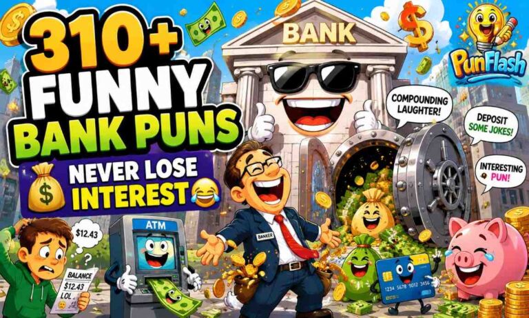 Funny bank puns illustration featuring a laughing ATM, smiling dollar bills, bank vault, and humorous finance jokes.