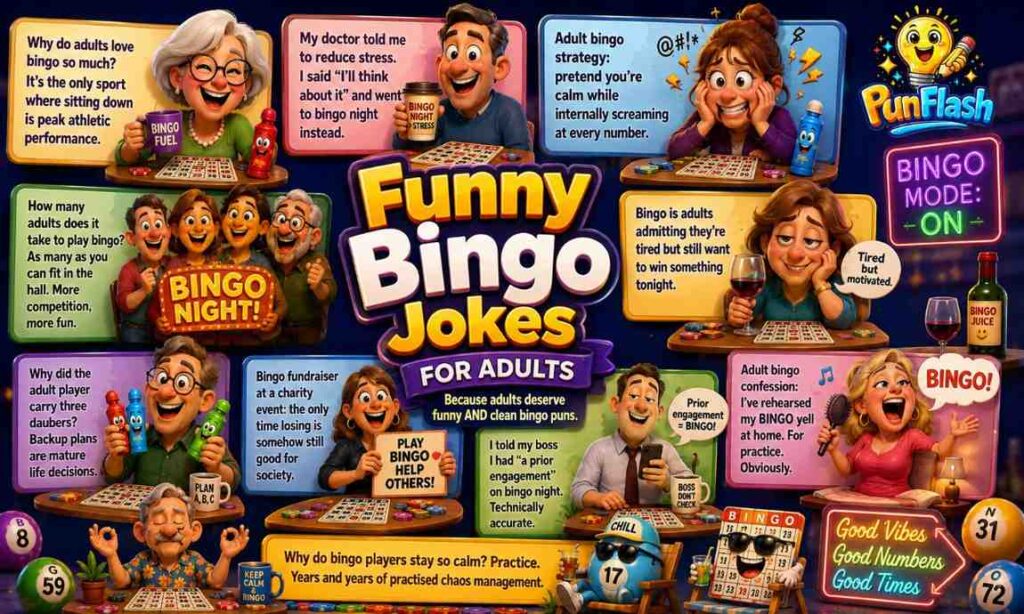 Colorful cartoon illustration of funny bingo jokes for adults featuring adult bingo players, smiling bingo cards, daubers, bingo balls, game night humor, and clean comedy for friends and family gatherings.