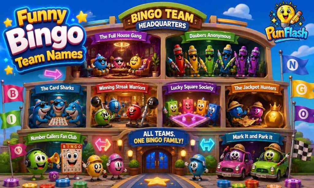 Colorful cartoon illustration of funny bingo team names featuring creative bingo clubs, smiling bingo balls, animated bingo cards, daubers, and playful game night team humor.