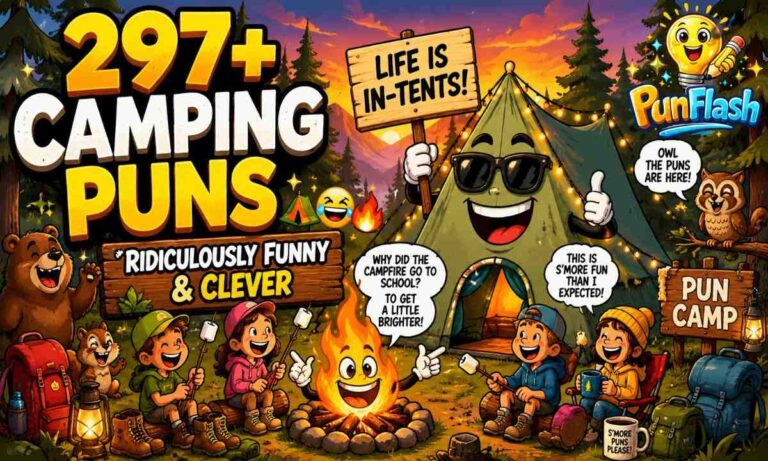 Funny camping puns featured image with cartoon tent, campfire, hikers, marshmallows, and woodland animals laughing at a campground