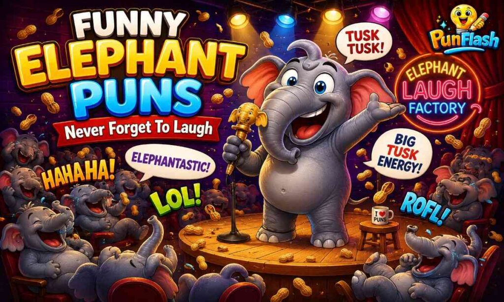Cartoon elephant telling funny elephant jokes and puns on a comedy stage with laughing audience and elephant wordplay