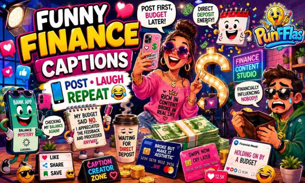 Funny finance captions for social media cartoon illustration featuring finance influencers taking selfies, posting money jokes, and sharing banking humor online.
