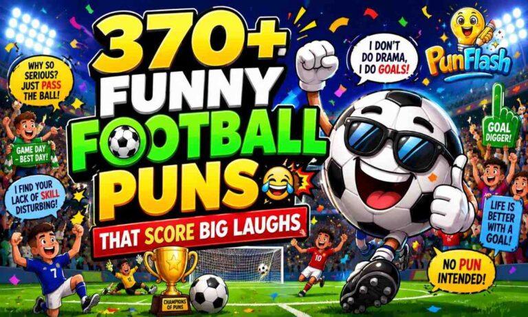 370 funny football puns featured image with a smiling soccer ball mascot, cheering fans, football players, trophy, and game day humor in a stadium.