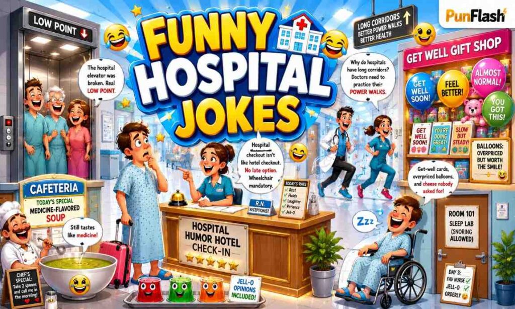 Funny hospital jokes cartoon illustration featuring laughing patients, nurses, doctors, hospital rooms, elevators, and humorous hospital life scenes