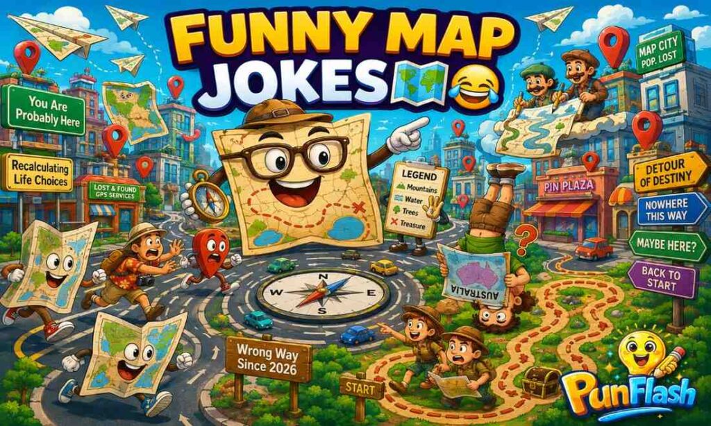 Funny map jokes cartoon with treasure maps, compass maze, and lost travelers.
