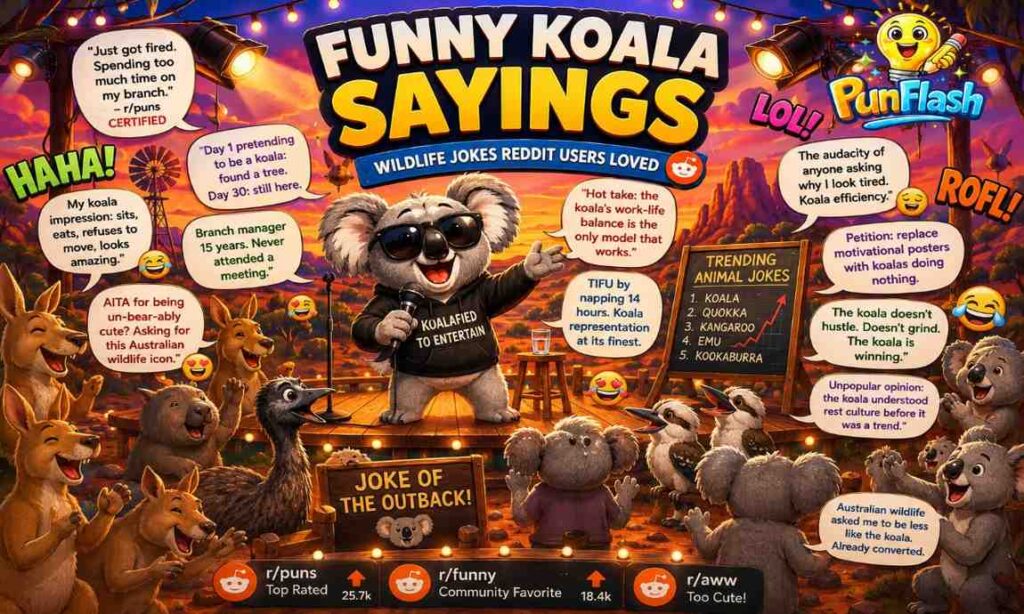 Cartoon koala comedian performing funny koala sayings and wildlife jokes in front of laughing Australian animals during an outback comedy show.