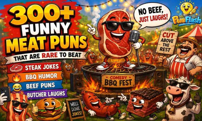 Funny meat puns and jokes featuring steak, beef, BBQ, butcher humour, and grilling wordplay
