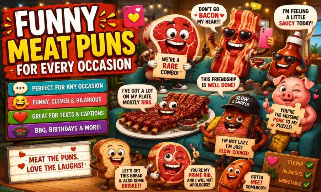 Best funny meat puns with cartoon meat characters, steak jokes, bacon humor, pork puns, and BBQ-themed comedy