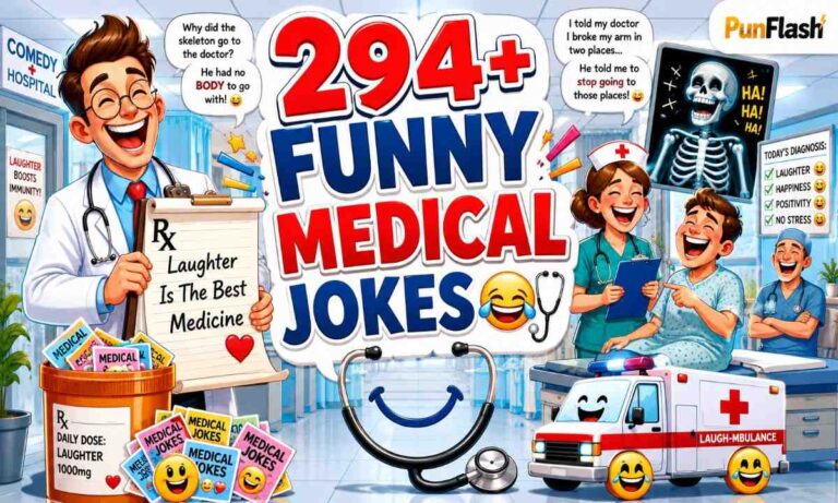 Funny medical jokes illustration featuring smiling doctors, nurses, patients, hospital humor, and medical puns in a cartoon healthcare comedy world