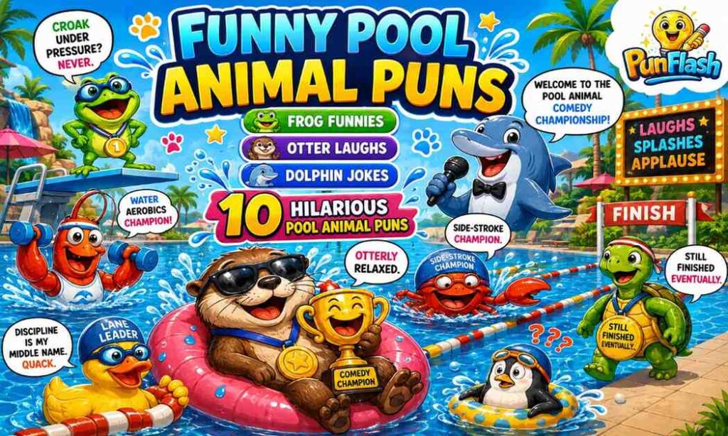 Funny pool animal puns featuring cartoon frog, dolphin, turtle, crab, penguin, lobster, duck, and otter enjoying swimming pool jokes and aquatic humor.