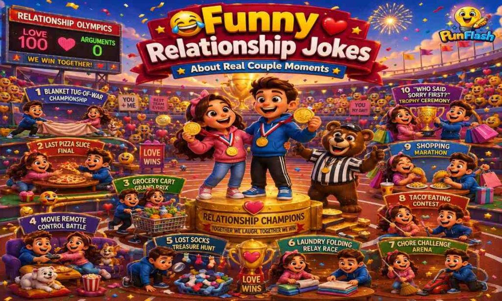 Cartoon couple competing in funny relationship challenges during a colorful Relationship Olympics filled with laughter and love.