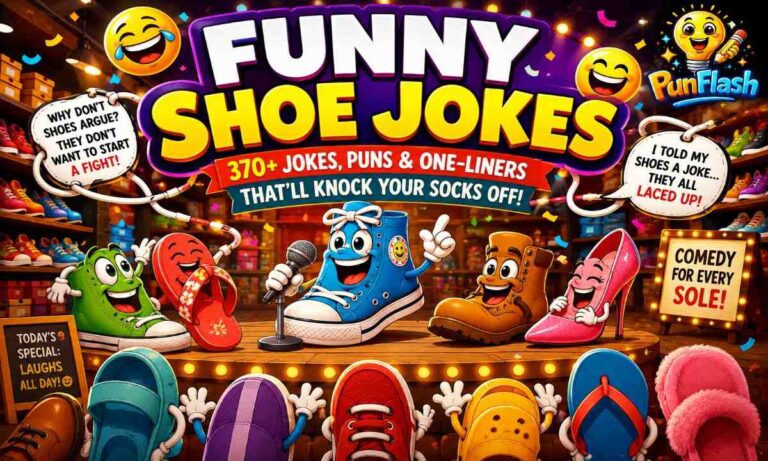 Funny shoe jokes cartoon illustration featuring laughing sneakers, boots, sandals, and slippers performing comedy on a colorful stage with footwear puns and one-liners.