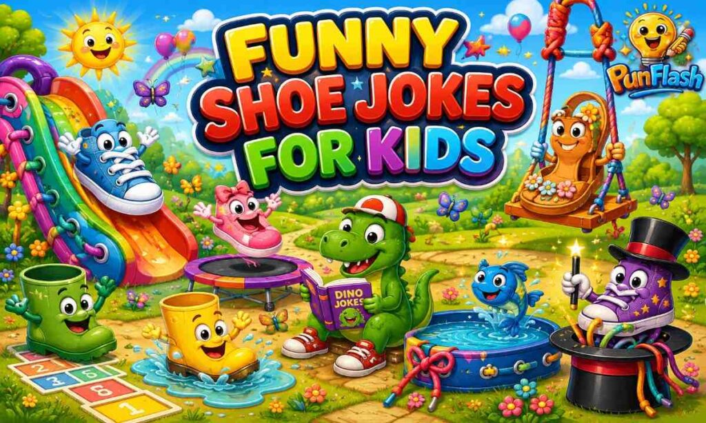 Funny shoe jokes for kids cartoon illustration featuring playful sneakers, sandals, rain boots, baby shoes, and colorful footwear humor in a magical playground.