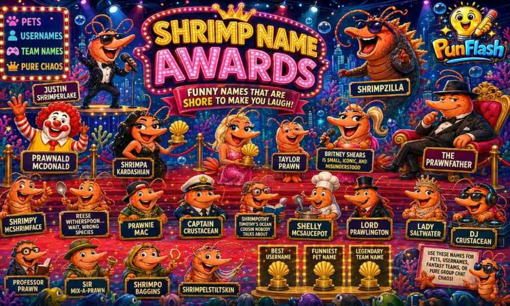 Funny shrimp pun names image showing celebrity shrimp characters, ocean-themed usernames, pet names, and humorous seafood wordplay.