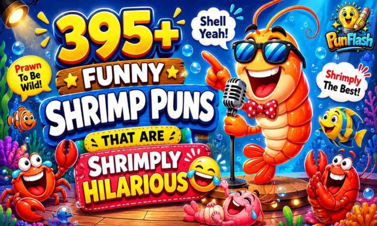 Funny shrimp puns cartoon featuring a smiling shrimp comedian telling seafood jokes on an ocean comedy stage.