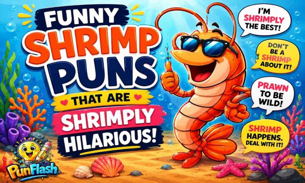 Smiling cartoon shrimp surrounded by funny shrimp puns, prawn jokes, shellfish humor, and colorful underwater ocean scenery.