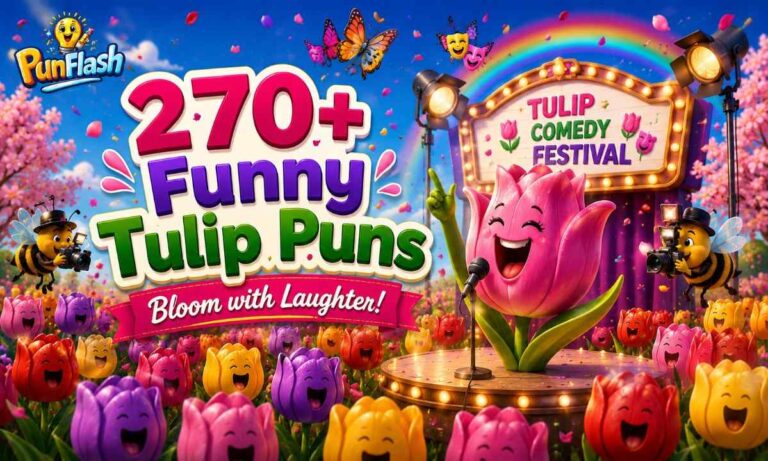 Funny tulip puns cartoon with colorful spring flowers and comedy festival