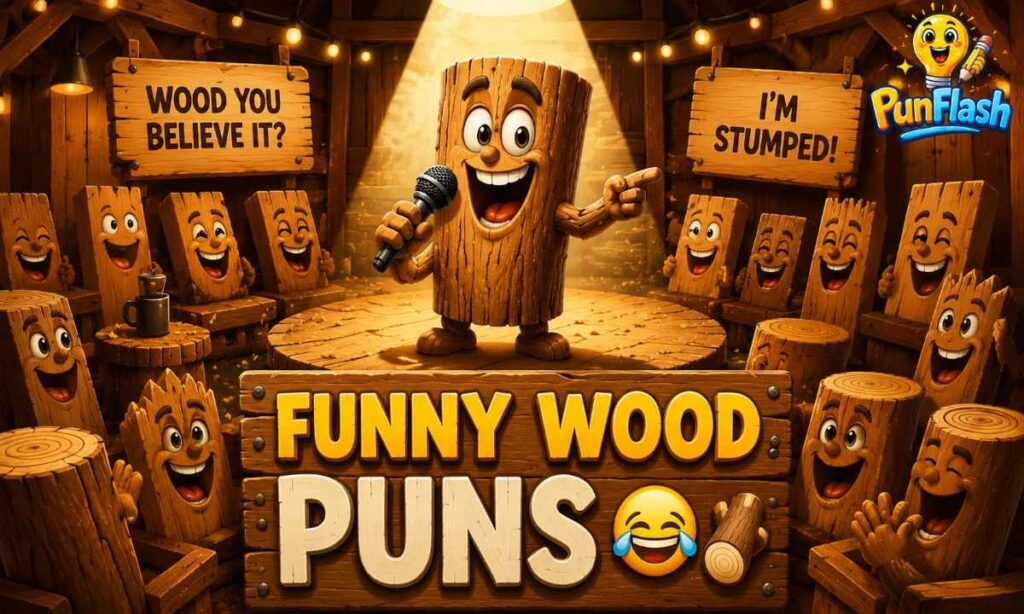 Funny wood puns blog image featuring a wooden log comedian performing stand-up comedy in a wooden comedy club surrounded by laughing wood characters.
