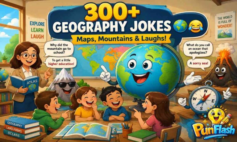 Cartoon geography jokes illustration with a smiling globe, world map, compass, mountains, rivers, and geography students laughing in a colorful educational setting.