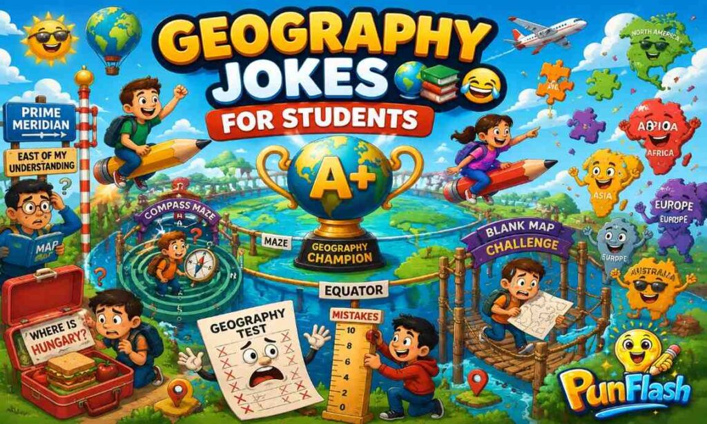 Funny geography jokes for students with maps, globe trophy, and classroom adventure.