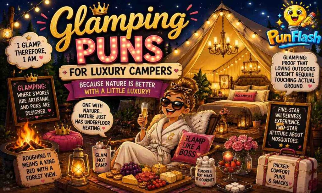 Glamping puns illustration featuring a luxury glamping tent with chandelier, gourmet snacks, campfire, comfortable outdoor living, and luxury camping humor