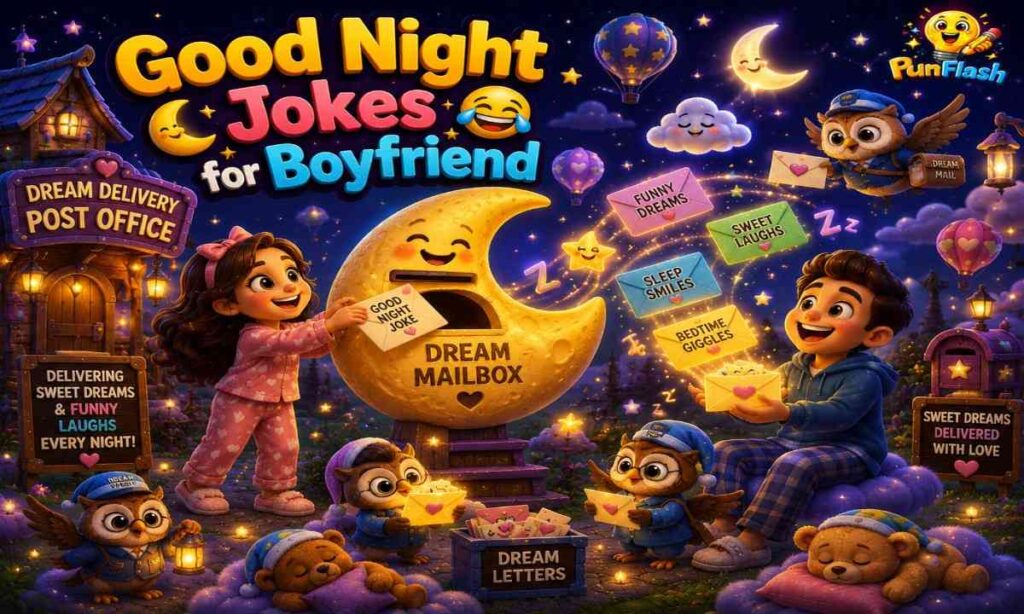 Cartoon girl sending bedtime laughter through a magical dream mailbox to her smiling boyfriend under a starry night sky.