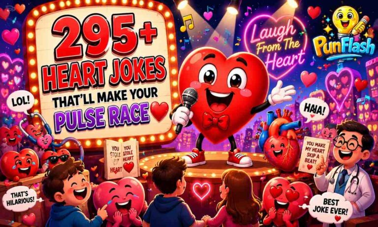 Funny heart jokes featured image showing a cartoon heart comedian performing on stage with heart emojis, cardiologist humor, romantic heart puns, Valentine's Day jokes, and laughing audience members.