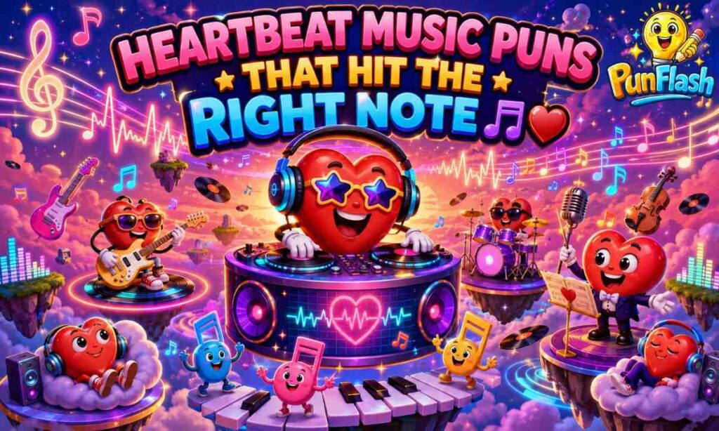 Heartbeat music puns illustration featuring a cartoon heart DJ, musical notes, heart rhythm jokes, music humor, floating records, and heartbeat-themed comedy in a colorful fantasy sky.