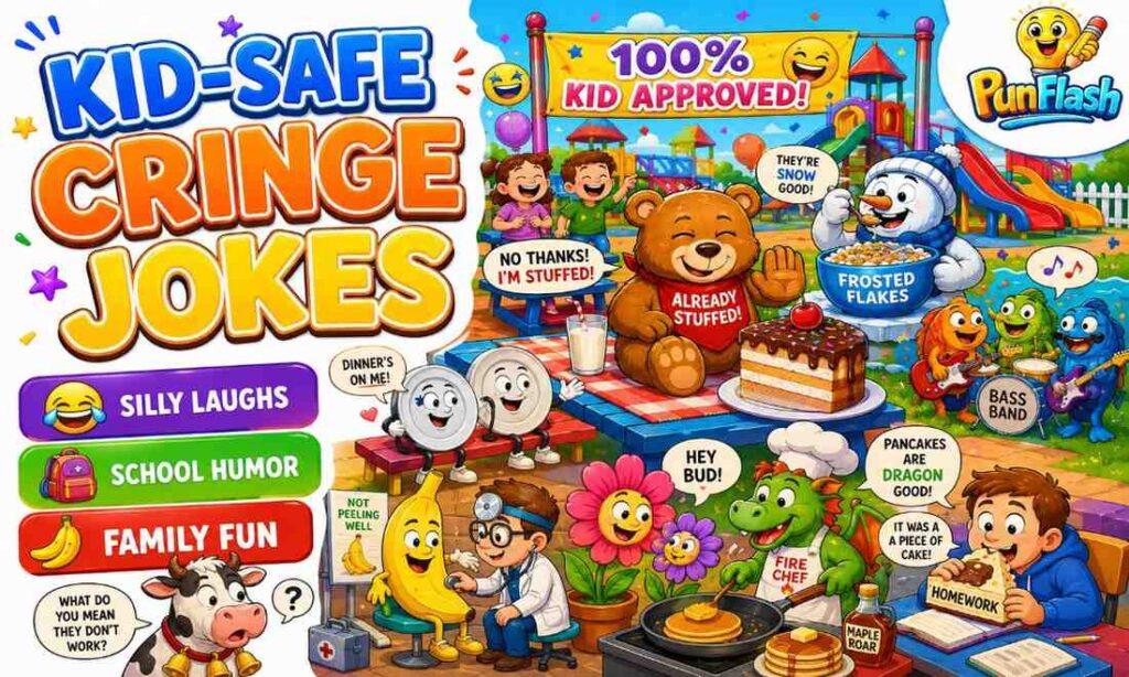 Kid-safe cringe jokes cartoon image featuring funny animals, school humor, silly food jokes, and family-friendly comedy
