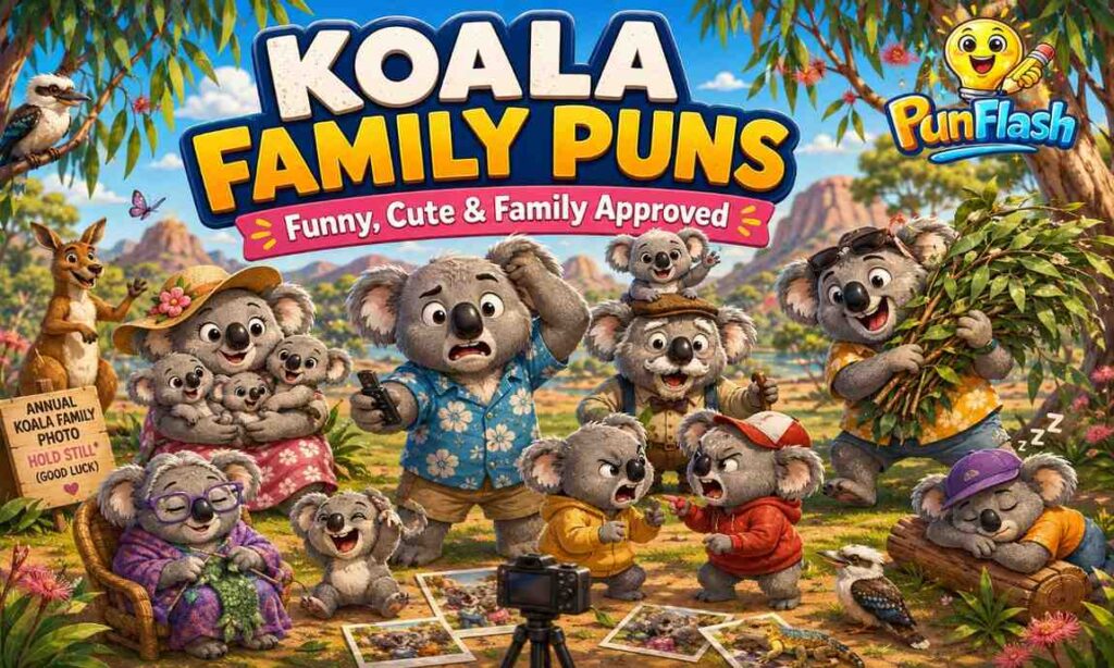 Funny koala family puns illustration showing a cartoon koala family, baby koalas, grandparents, and humorous Australian wildlife jokes.