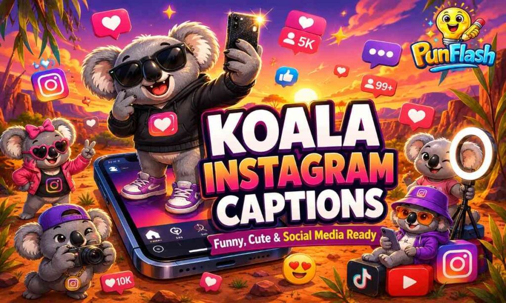 Cute cartoon koala taking a selfie with social media likes and hearts featuring funny koala Instagram captions and koala puns.