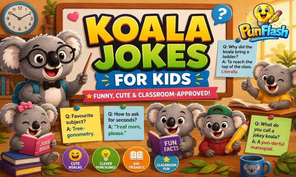 Funny koala jokes for kids illustration featuring adorable cartoon koalas, classroom jokes, animal humor, and educational koala puns.