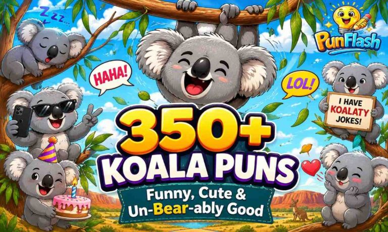 Cute cartoon koalas laughing on eucalyptus trees with funny koala puns and jokes illustration