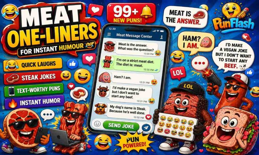Funny meat one liners featuring cartoon steak, bacon, brisket, sausage, and deli characters sharing quick meat jokes and instant humor