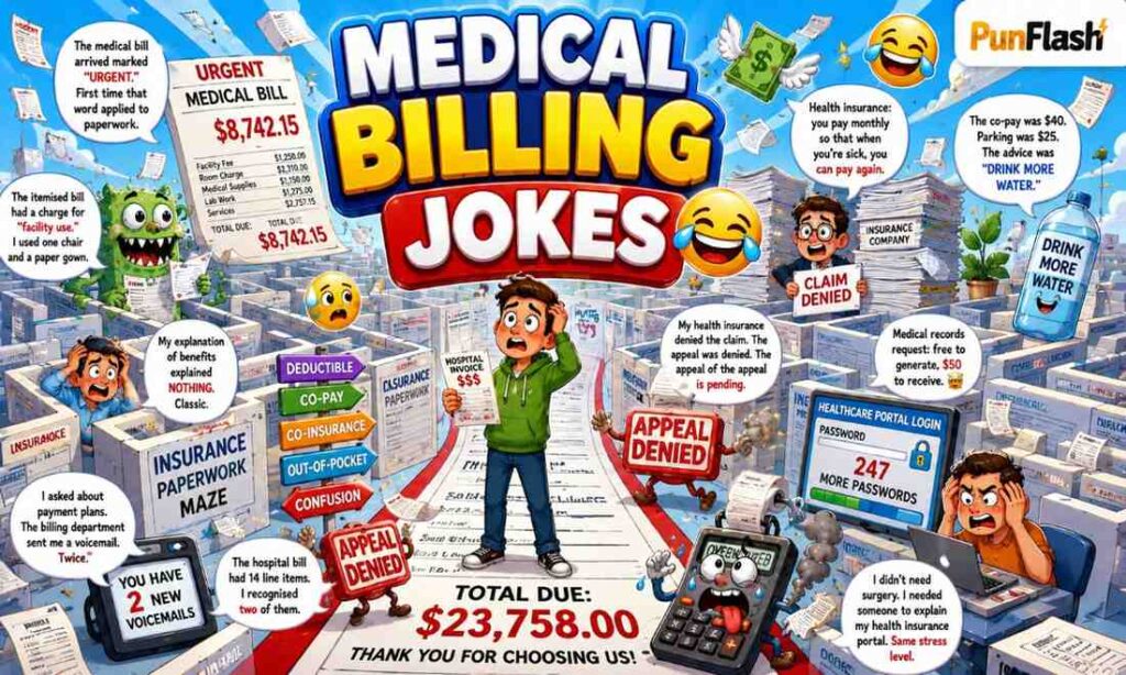 Funny medical billing and insurance jokes cartoon illustration featuring oversized hospital bills, confused patients, insurance paperwork, and healthcare billing humor