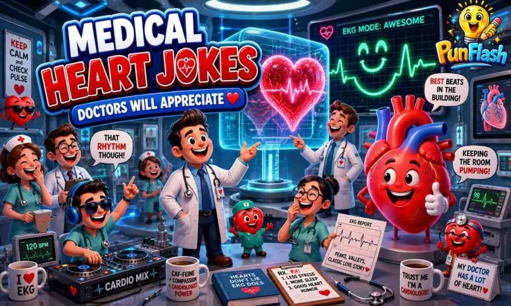 Medical heart jokes illustration featuring cartoon cardiologists, funny cardiology humor, EKG jokes, heart doctors, nurses, and a smiling anatomical heart in a playful hospital setting.