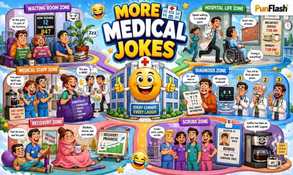 Funny medical jokes cartoon illustration featuring waiting room humor, hospital life jokes, healthcare workers, diagnosis jokes, recovery jokes, and hospital staff comedy scenes