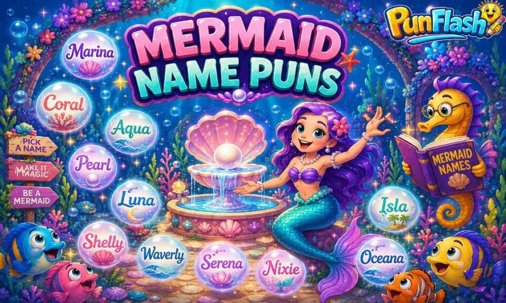 Mermaid Name Puns cartoon image featuring magical underwater name bubbles with Marina Coral Pearl Luna Oceana and other mermaid-inspired names