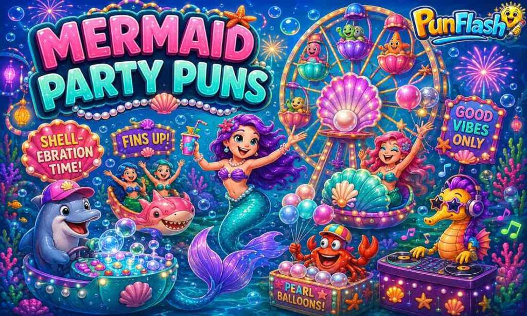 Mermaid Party Puns cartoon image featuring an underwater carnival festival with mermaids, sea creatures, bubbles, and colorful ocean decorations