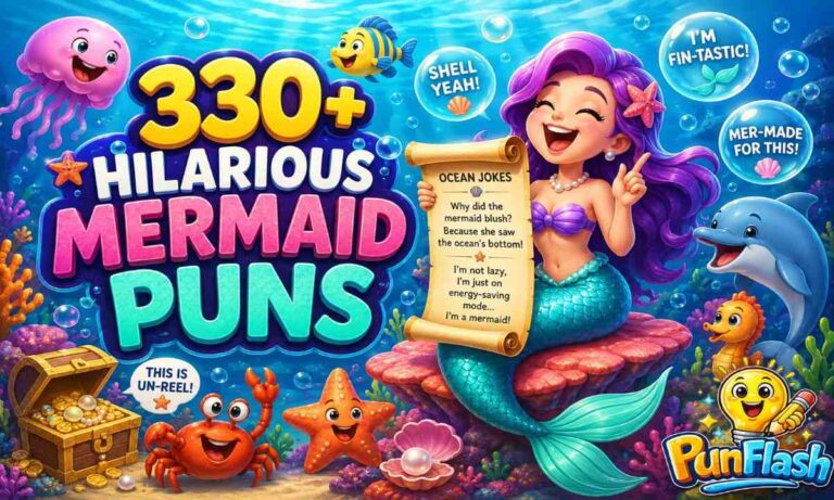 Funny mermaid puns featured image with a cartoon mermaid, sea creatures, ocean jokes, and underwater humor for captions and one-liners